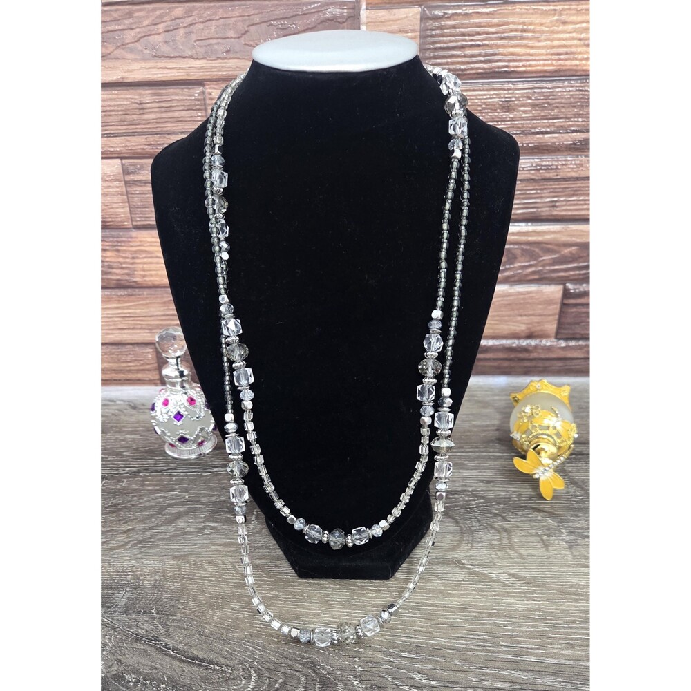 Chico’s Silver Tone & Smoky Grey Crystal Multi-Strand Statement Necklace -Signed